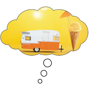 Cartoon thought bubble of a toy orange and white camper shaded by an umbrella on an ice cream cone